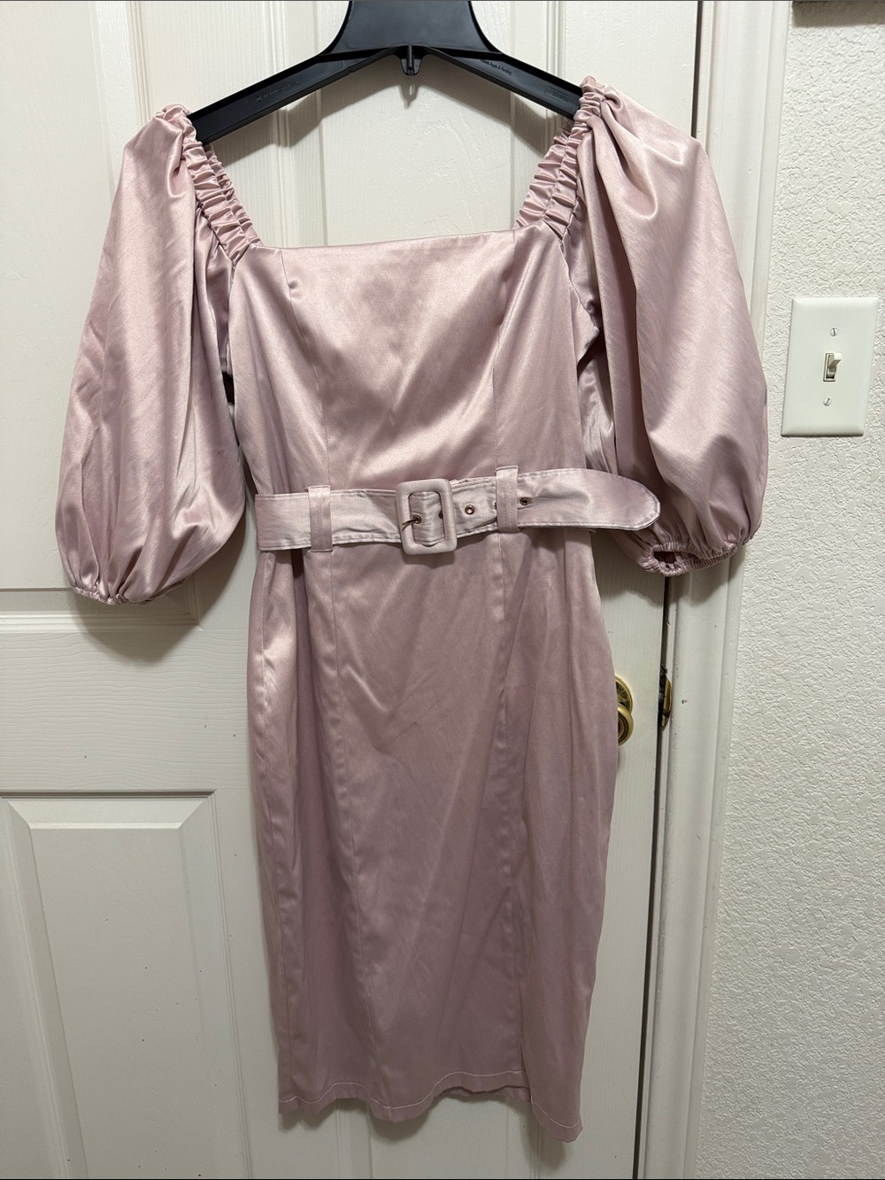 Premier Blush Pink Satin Puff Sleeve Belted Dress